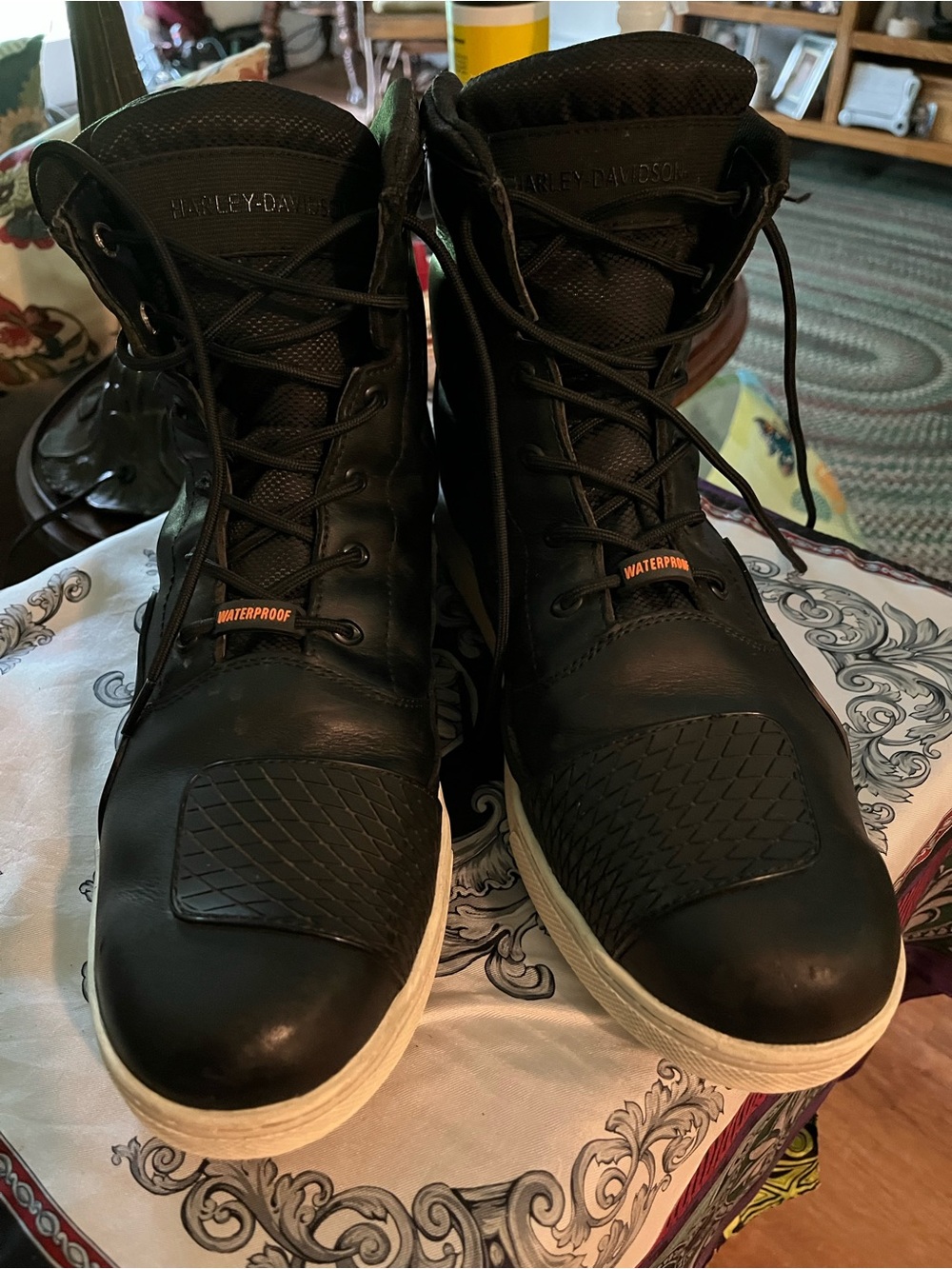 Harley-Davidson Black Leather High-Top Waterproof Riding Boots with White Soles